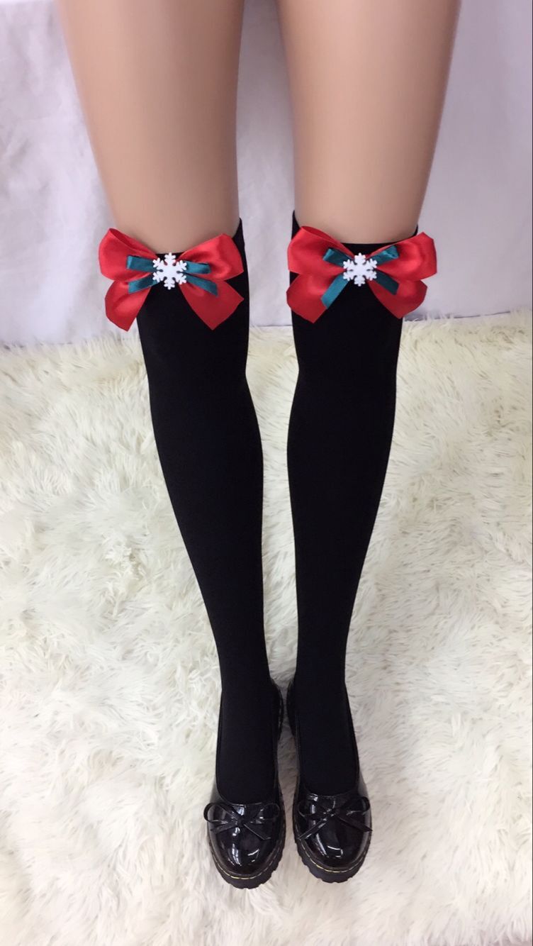 F8195-6  Thigh Stocking with Satin Bows Opaque Over The Knee Halloween Socks